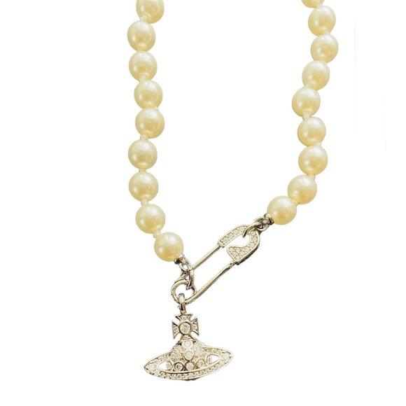 AUTH New VIVIENNE WESTWOOD Silver Swarovski Pearl w Pave Pin Necklace Ret $345 - Picture 4 of 4
